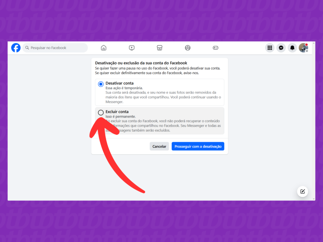 Selecionando a opção "Excluir conta" do Facebook