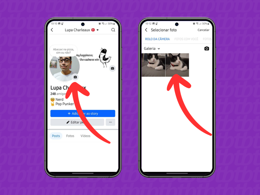 Captura de tela do aplicativo Facebook mostra como acessar a opção para selecionar a nova foto de perfil