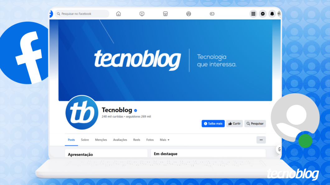 Ilustração mostra a capa e a imagem de perfil do Tecnoblog no Facebook