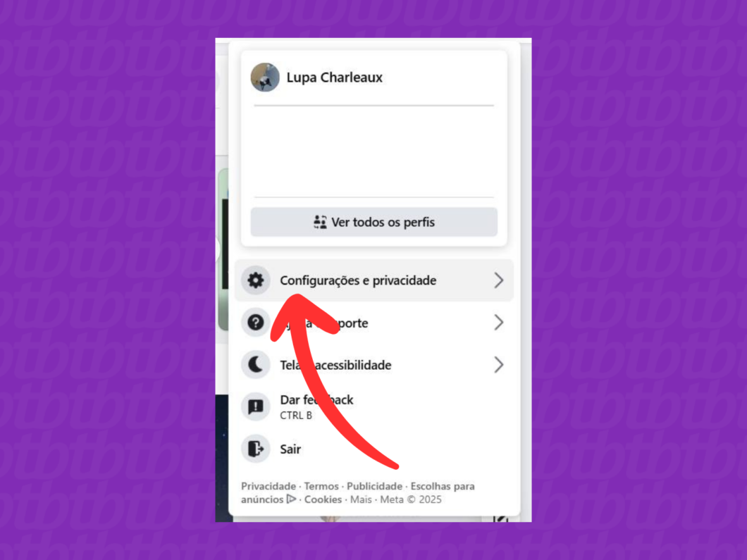 Captura de tela do site Facebook mostra como abrir o menu Configurações e privacidade