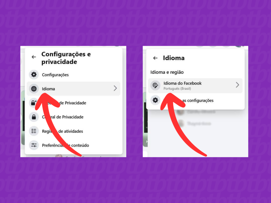 Captura de tela do site Facebook mostra como acessar as configurações de idioma