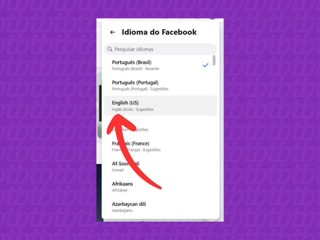 Captura de tela do site Facebook mostra como selecionar um idioma