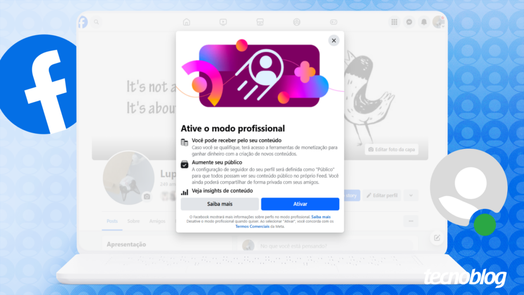 Ilustração do Facebook mostra de ativação do modo profissional