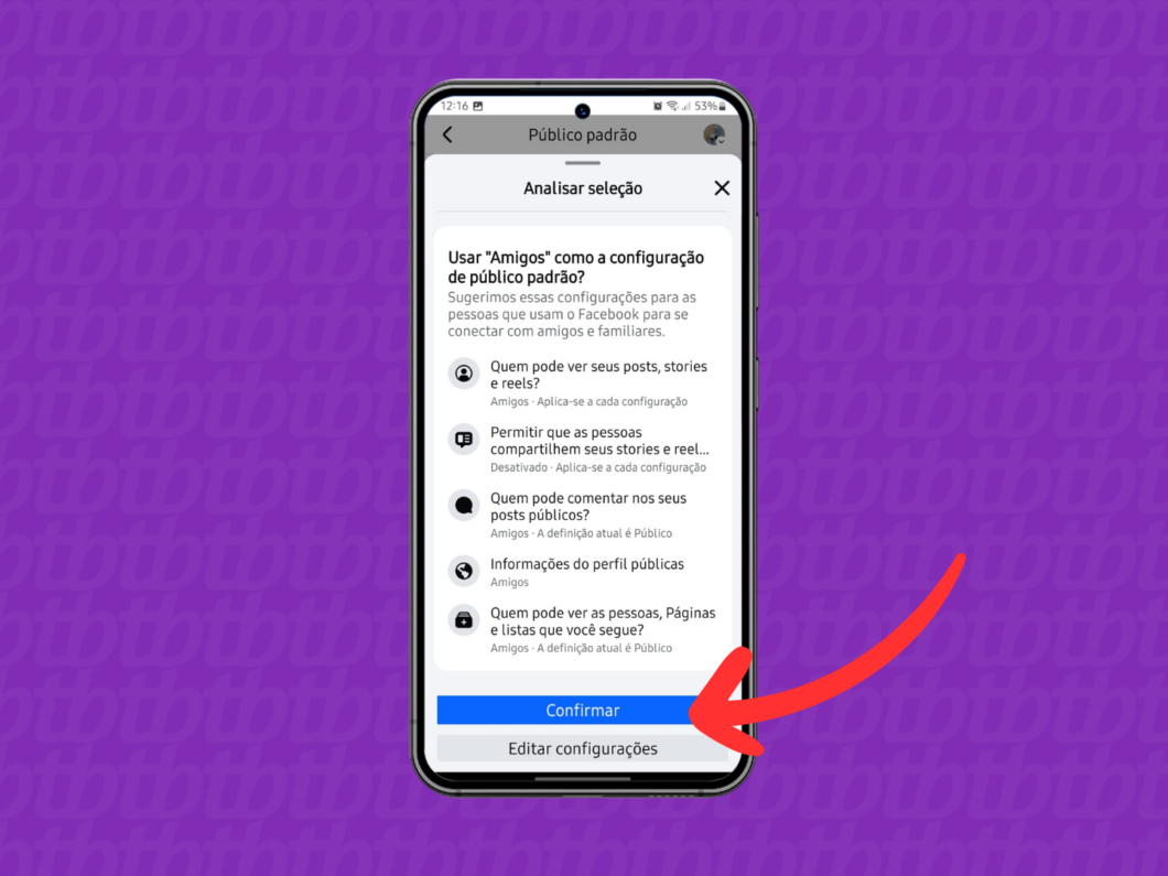 Confirmando o público padrão da conta profissional do Facebook