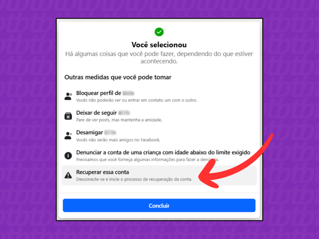 Captura de tela do Facebook mostra como acessar a opção Recuperar essa conta