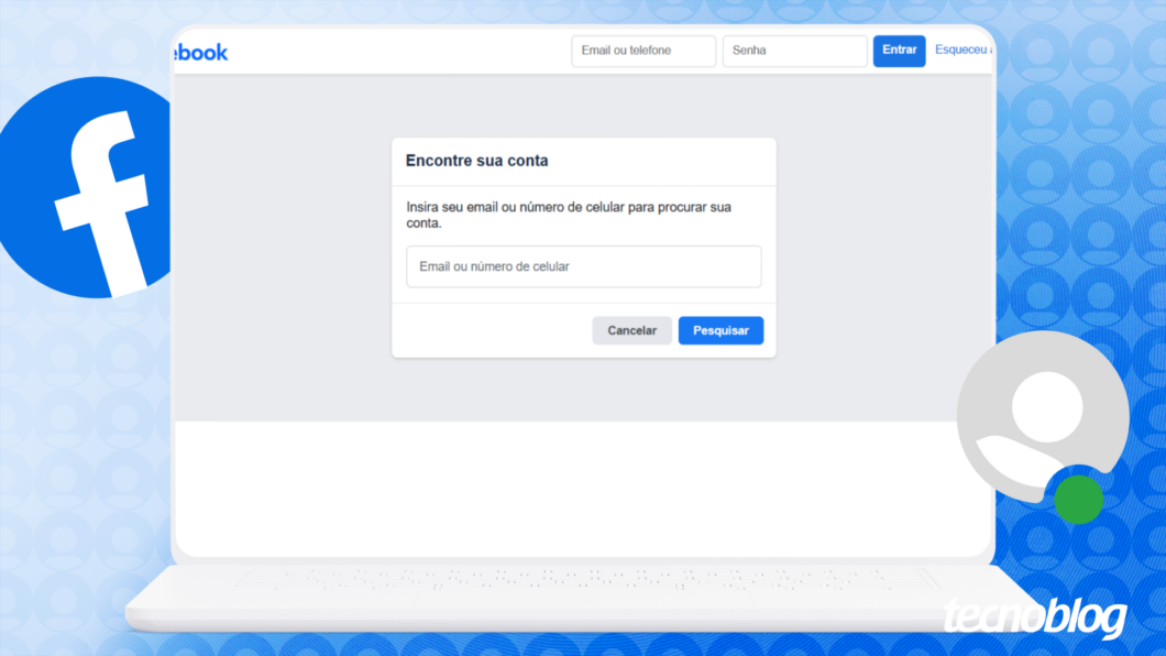Ilustração do Facebook mostra a tela da página de suporte "Encontre sua conta"