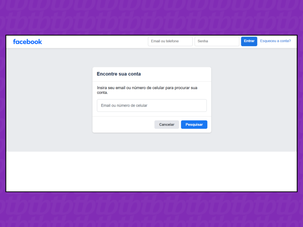 Captura de tela do Facebook mostra a tela da página Encontre sua conta