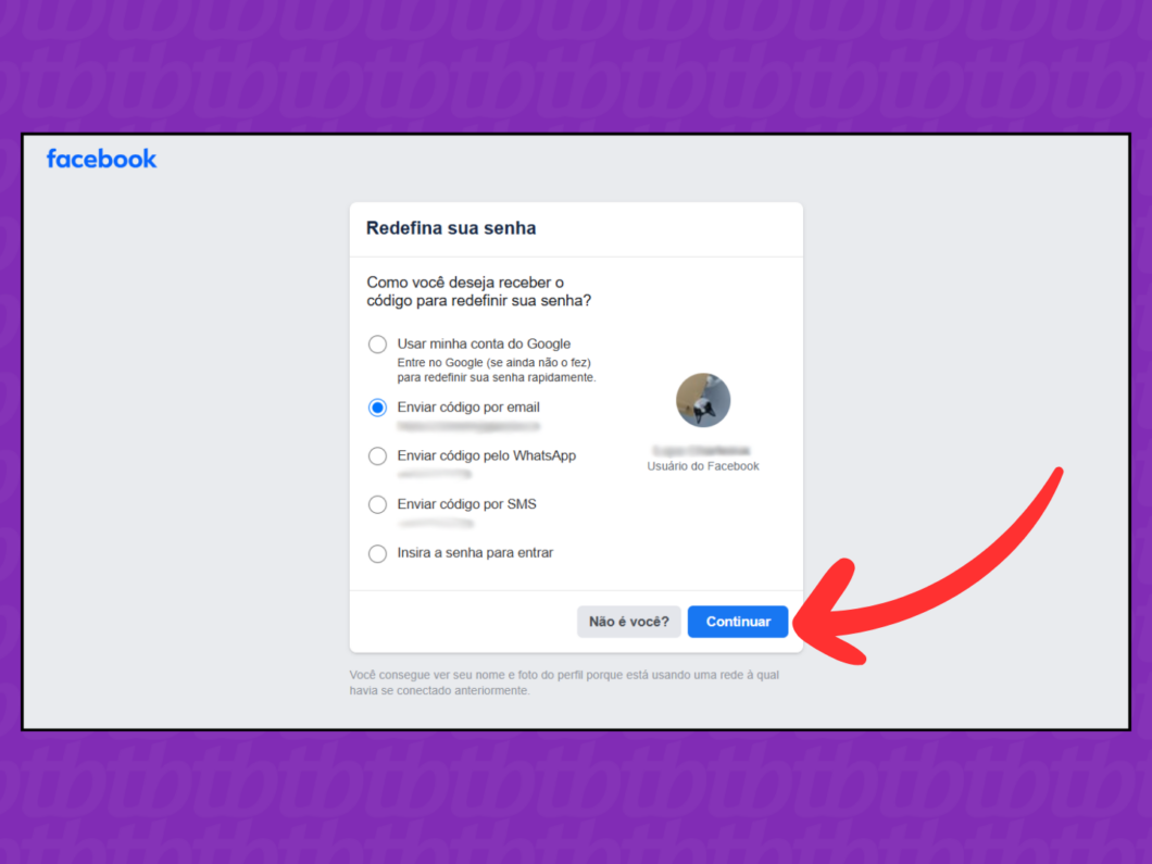 Captura de tela do Facebook mostra como selecionar o meio para receber o código para redefinir sua senha