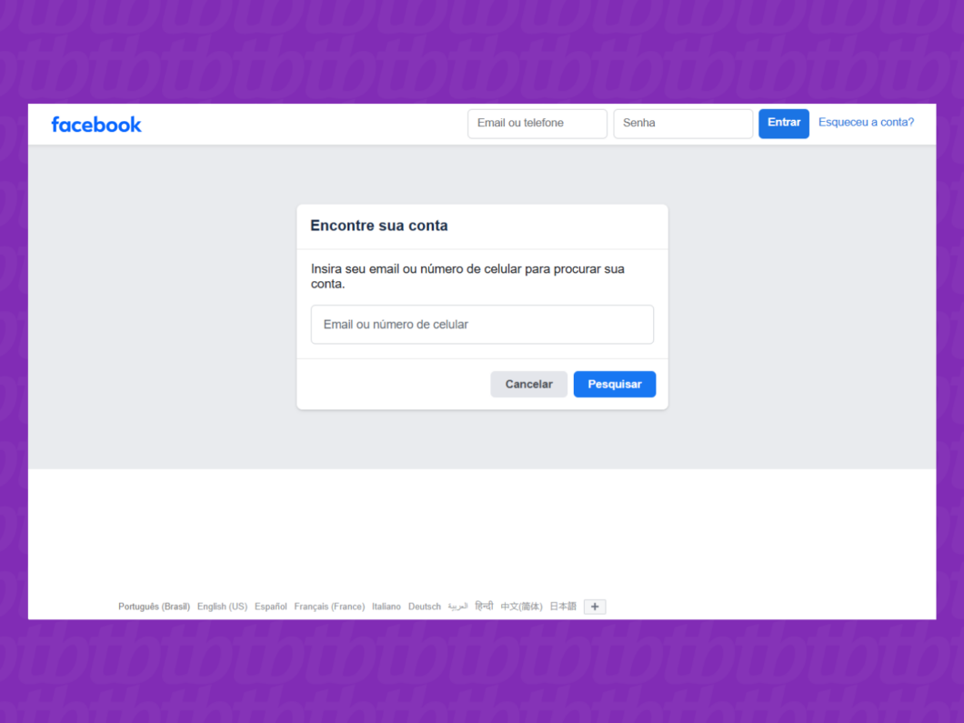 Acessando a página de suporte "Encontre sua conta" do Facebook