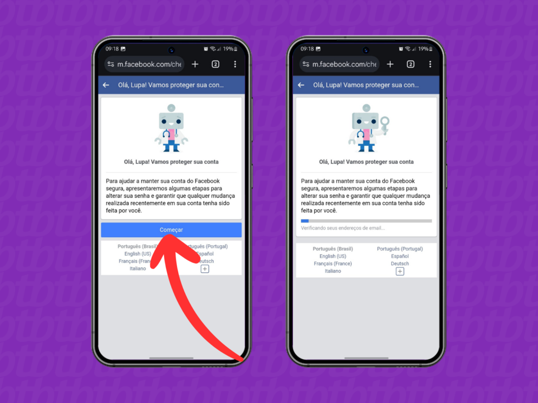 Captura de tela do site Facebook mostra como fazer a checagem de segurança