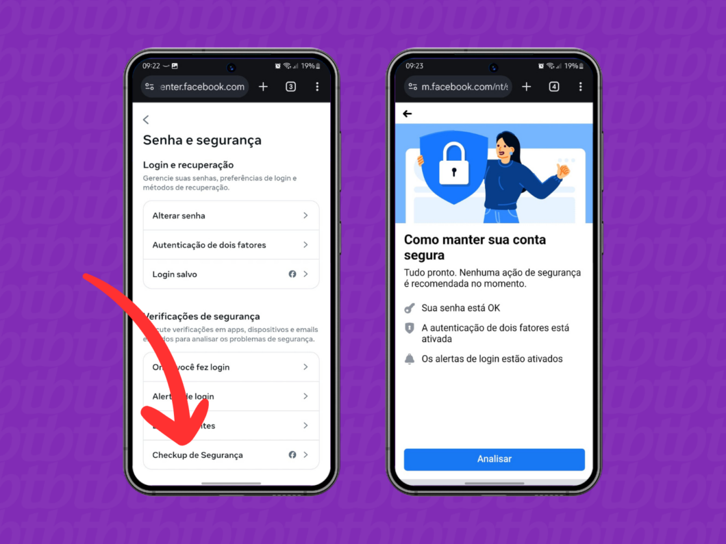 Captura de tela do site Facebook mostra como fazer o checkup de segurança