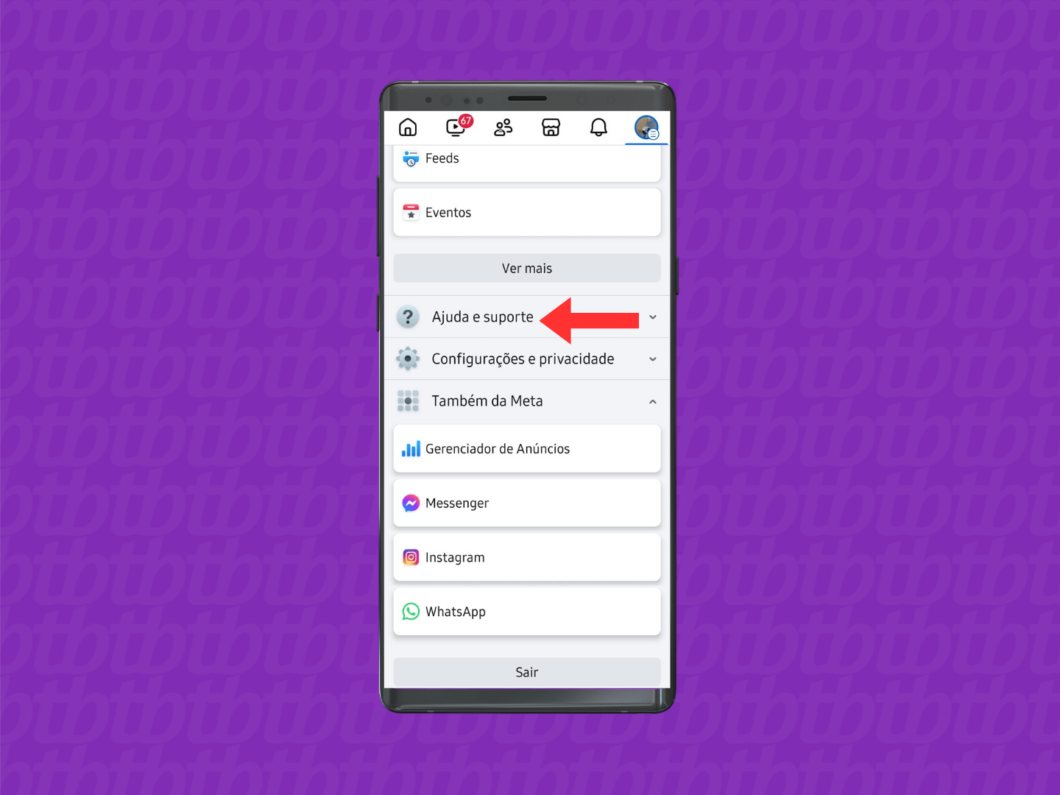 Captura de tela do aplicativo Facebook mostra como acessar a opção "Ajuda e suporte"