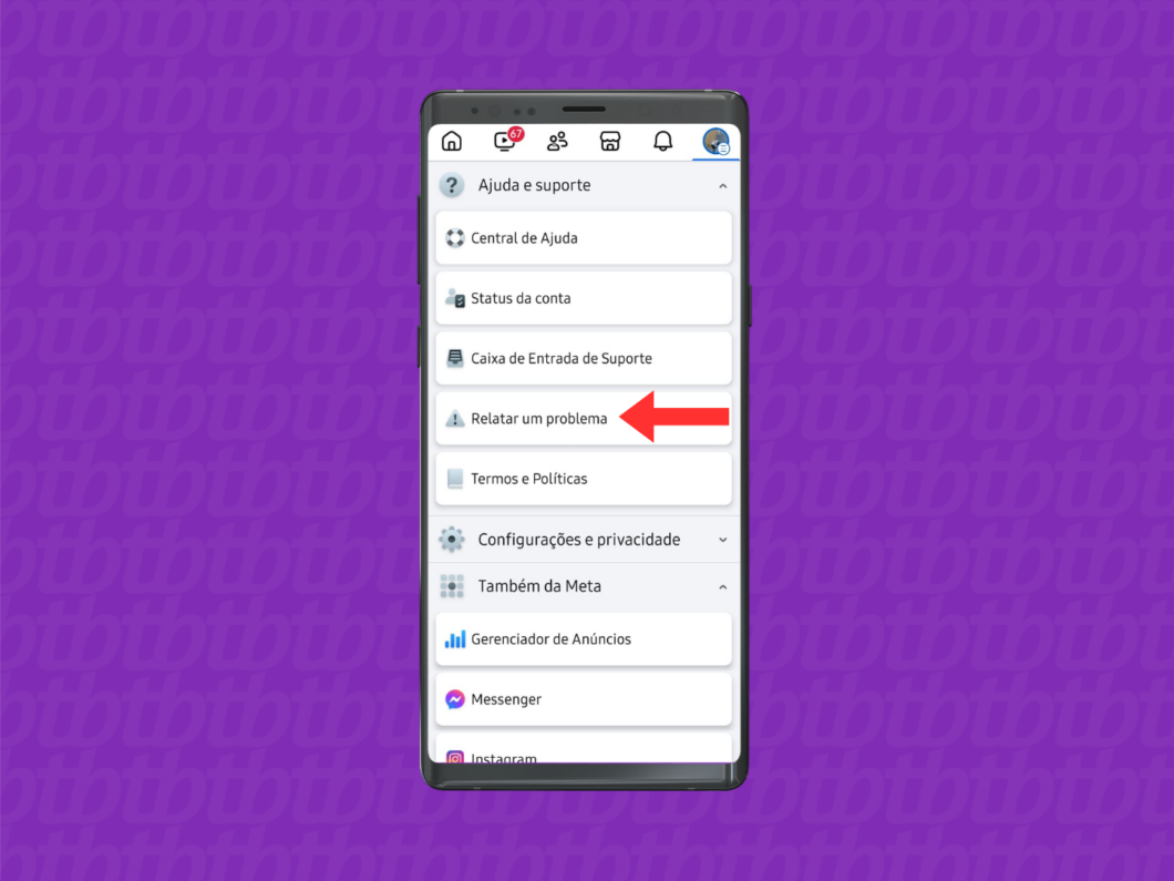 Captura de tela do aplicativo Facebook mostra como acessar a opção "Relatar um problema"