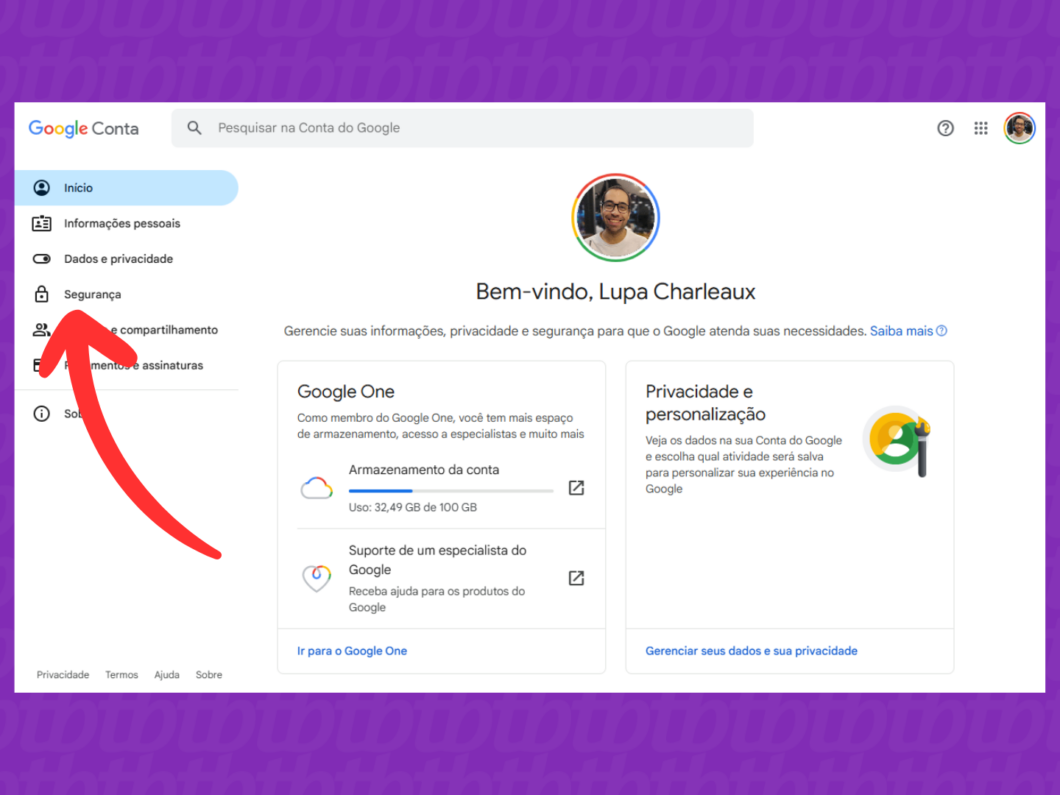 Captura de tela do site Conta Google mostra como acessar o menu "Segurança"