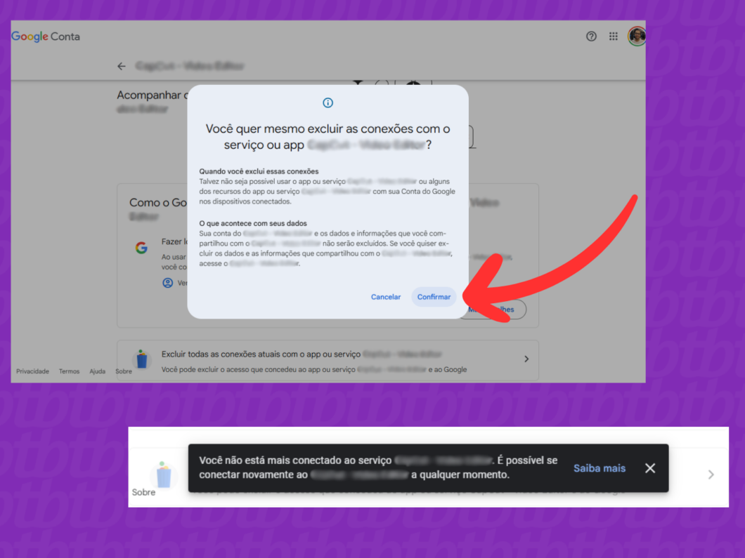Captura de tela do site Conta Google mostra como confirmar a exclusão das conexões