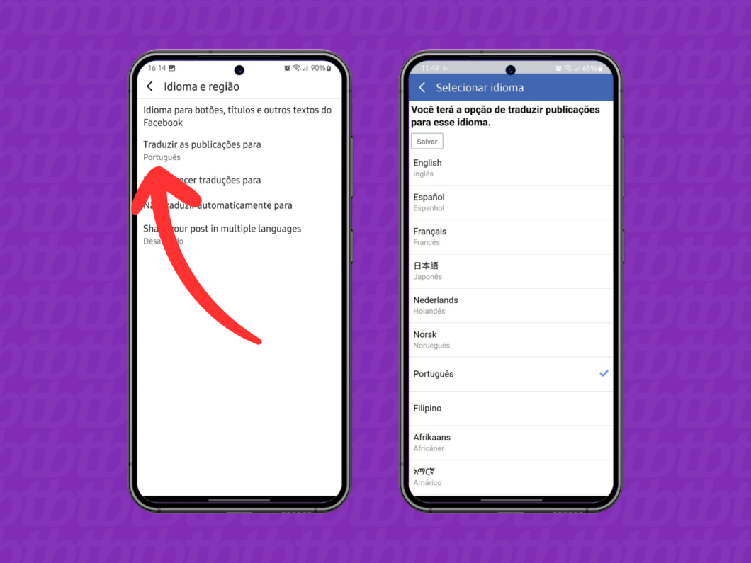 Captura de tela do app Facebook mostra como selecionar o idioma da ferramenta de tradução