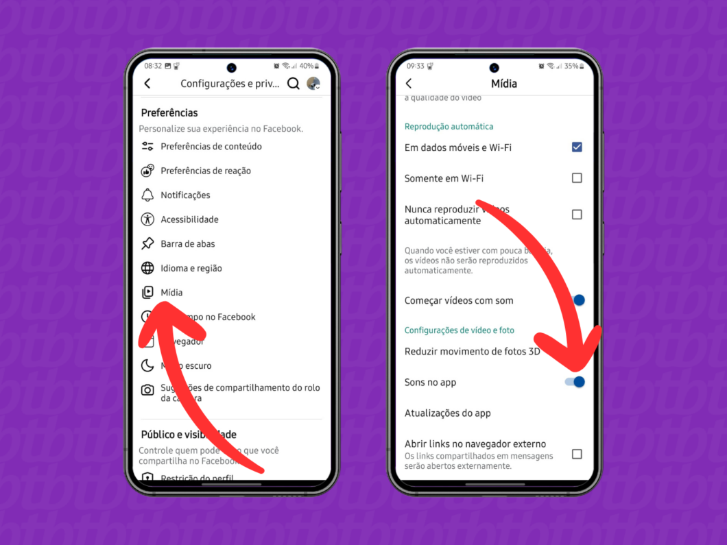 Captura de tela do app Facebook mostra como tirar os sons no app