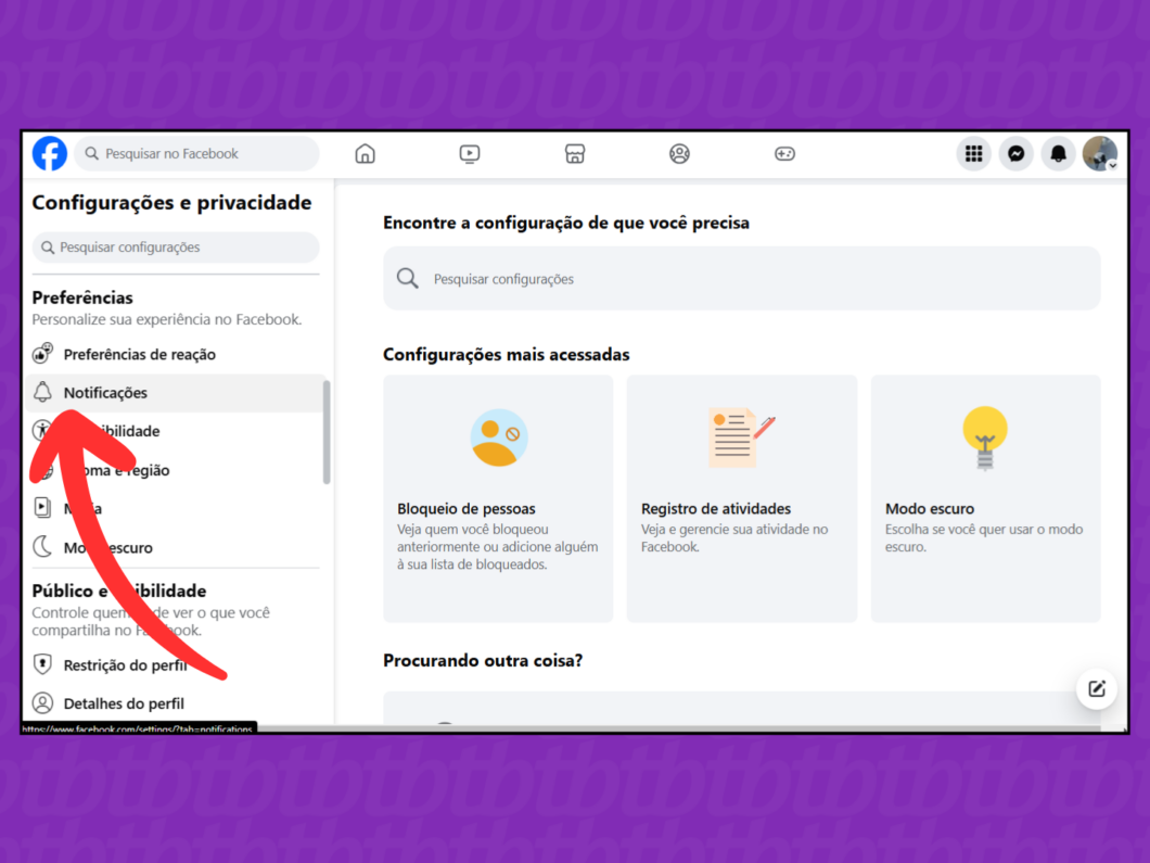 Captura de tela do site Facebook mostra como abrir a opção Notificações