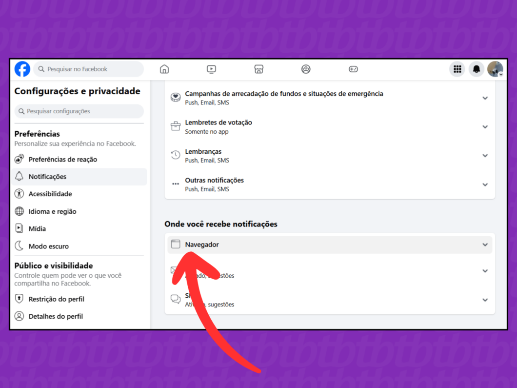 Captura de tela do site Facebook mostra como expandir a opção Navegador