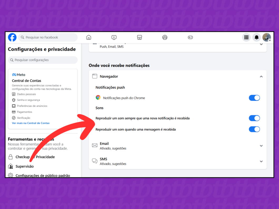 Captura de tela do site Facebook mostra como desativar os sons de notificações e mensagens