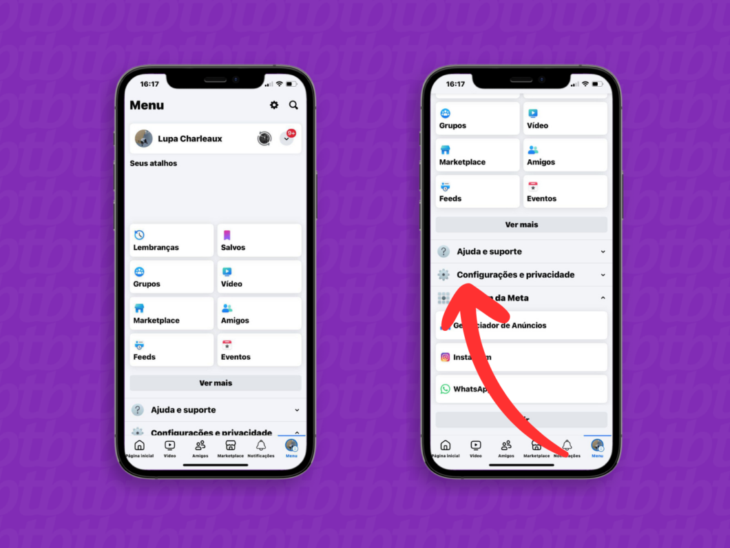 Captura de tela do app Facebook no iPhone mostra como expandir as configurações e privacidade