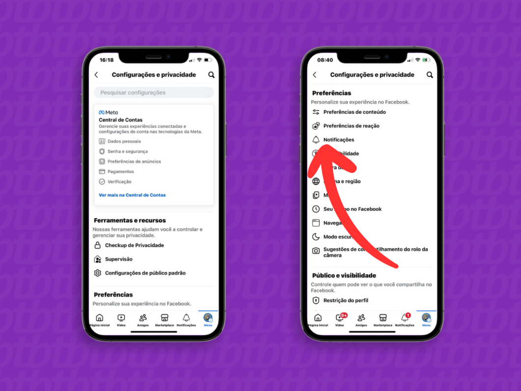 Captura de tela do app Facebook no iPhone mostra como abrir o menu Notificações