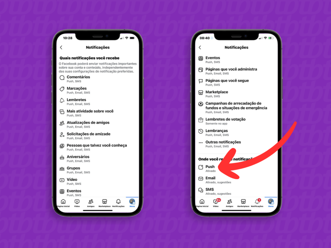 Captura de tela do app Facebook no iPhone mostra como abrir o menu Push