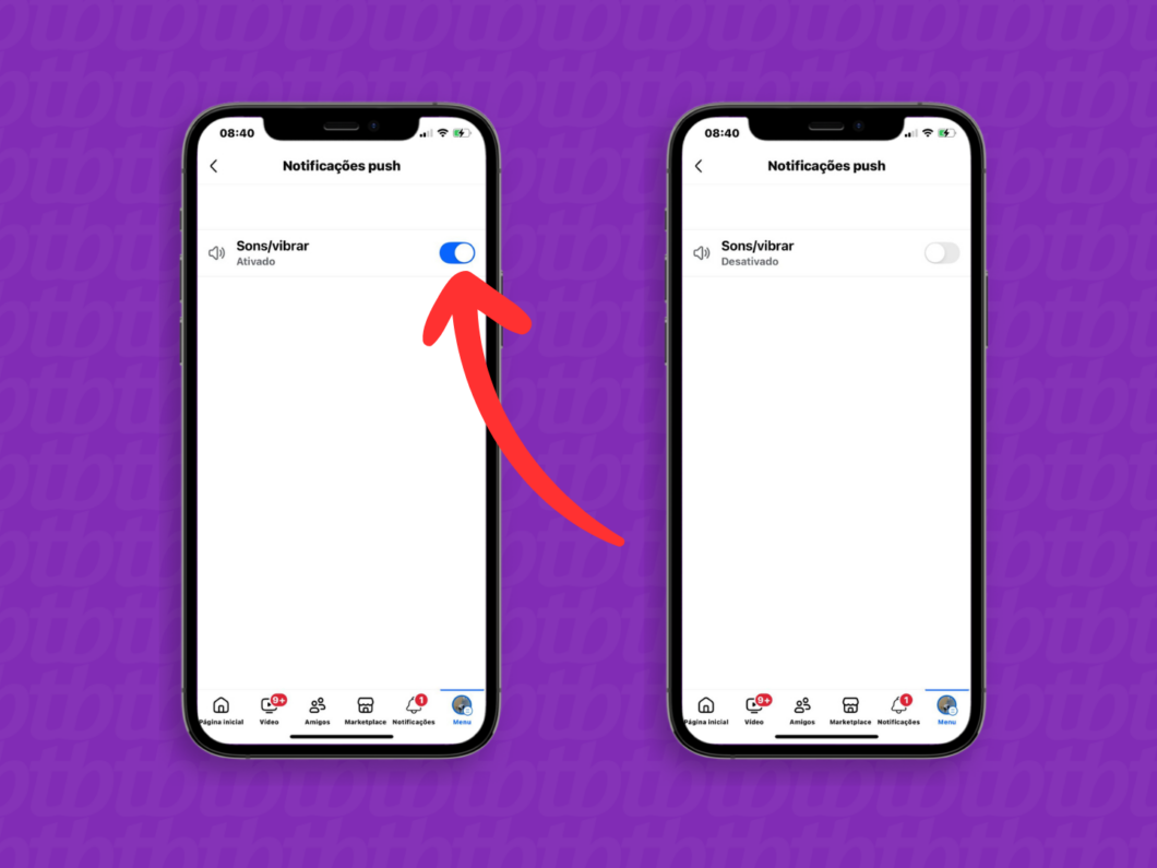 Captura de tela do app Facebook no iPhone mostra como desativar a opção Sons/Vibrar