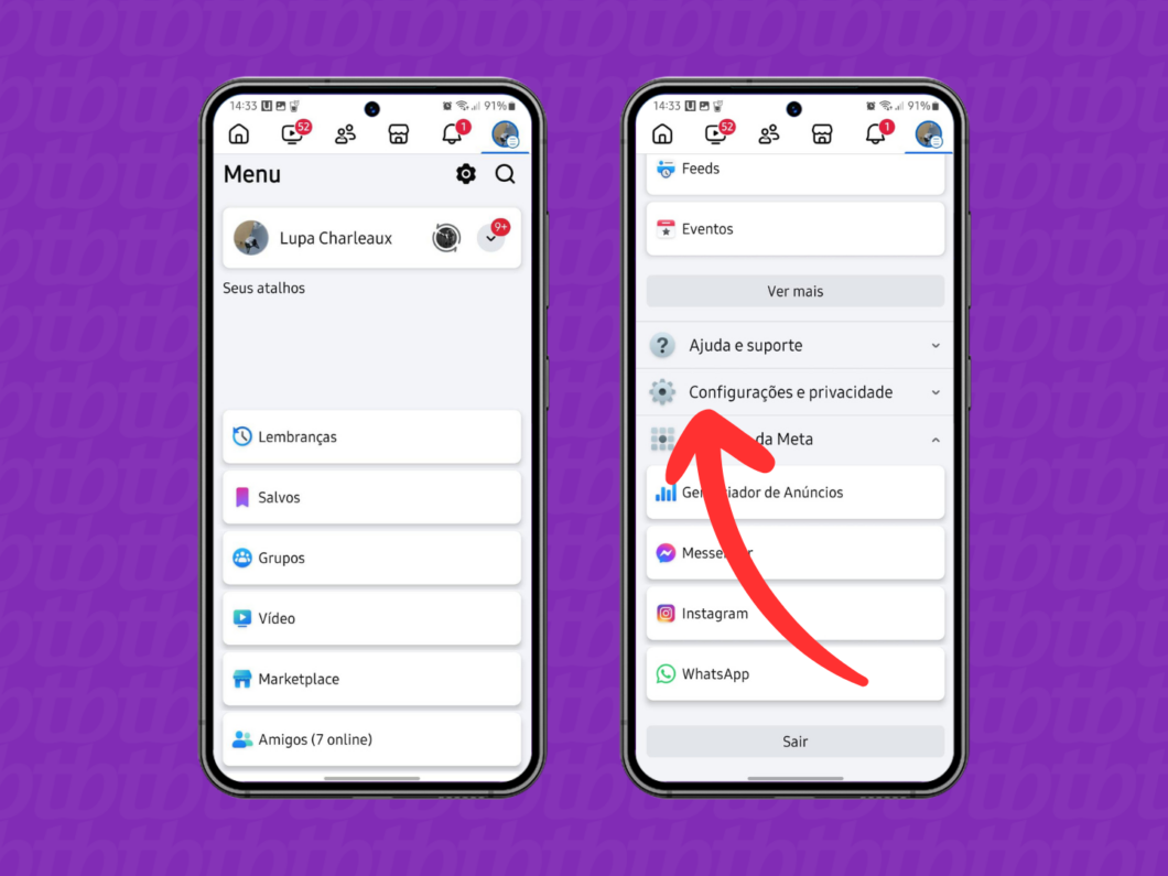 Captura de tela do app Facebook no Android mostra como abrir as opções de Configurações e privacidade
