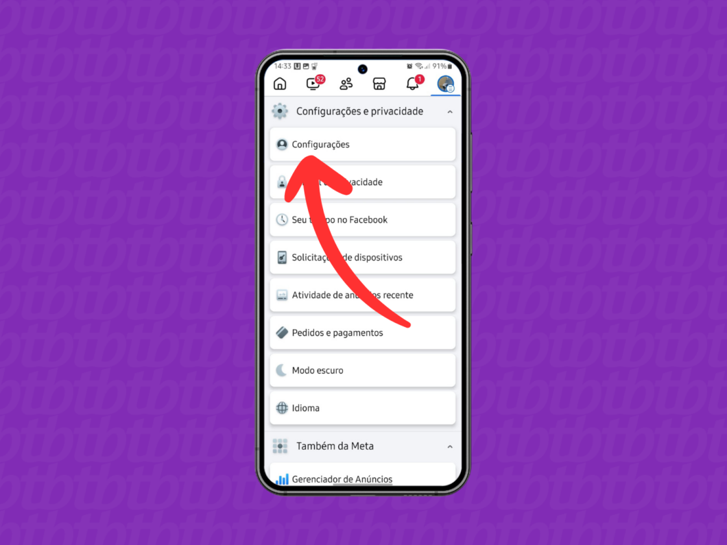 Captura de tela do app Facebook no Android mostra como abrir as Configurações