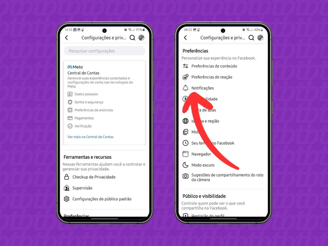 Captura de tela do app Facebook no Android mostra como abrir o menu Notificações