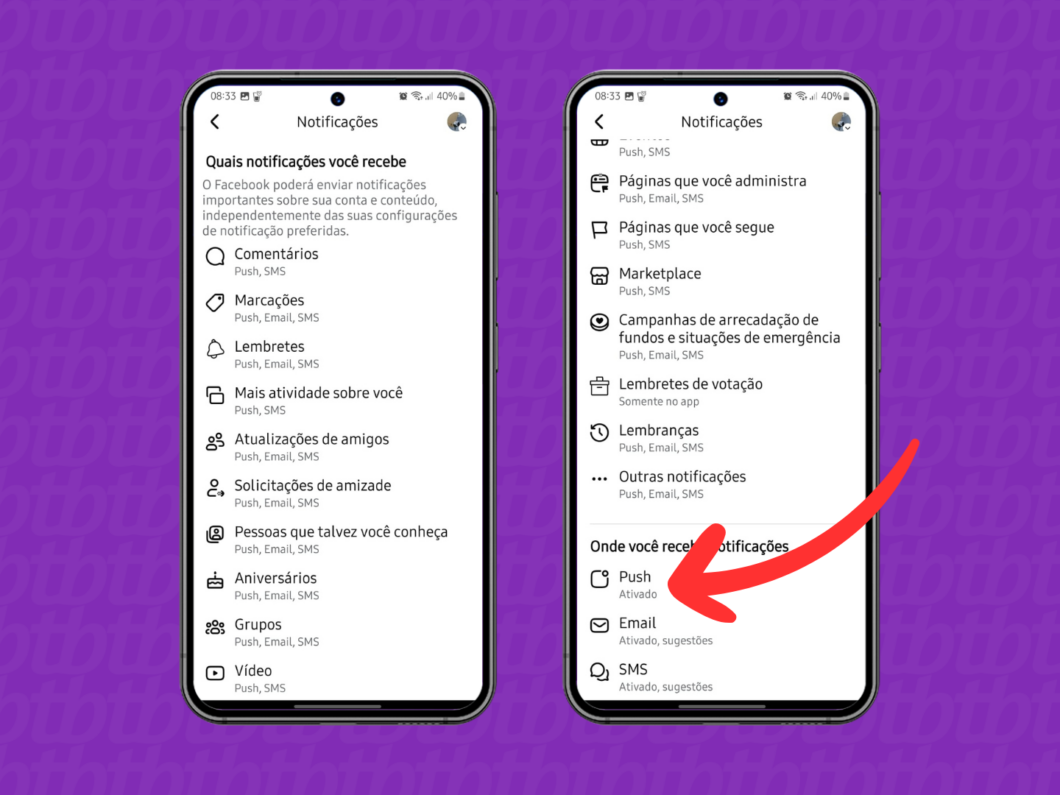 Captura de tela do app Facebook no Android mostra como abrir o menu Push