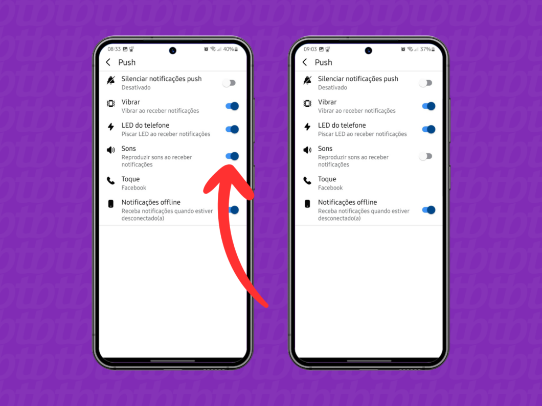 Captura de tela do app Facebook no Android mostra como desativar os sons de notificação