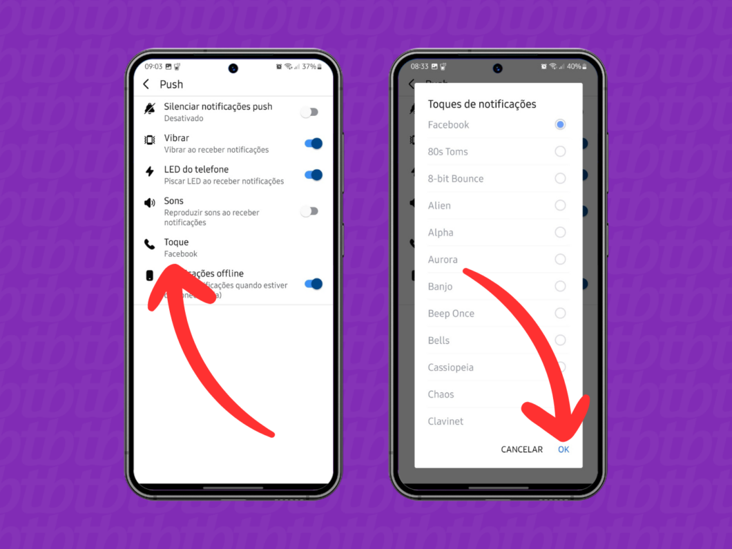 Captura de tela do app Facebook no Android mostra como alterar os toques de notificações