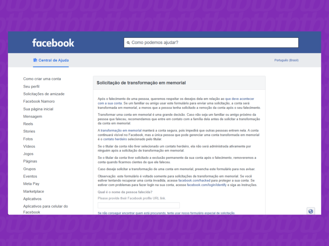 Captura de tela da página "Solicitação de transformação em memorial" do Facebook