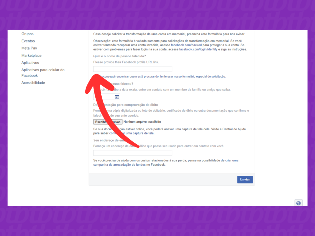 Captura de tela da página "Transformação em memorial" do Facebook mostra como informar a URL do perfil da pessoal falecida