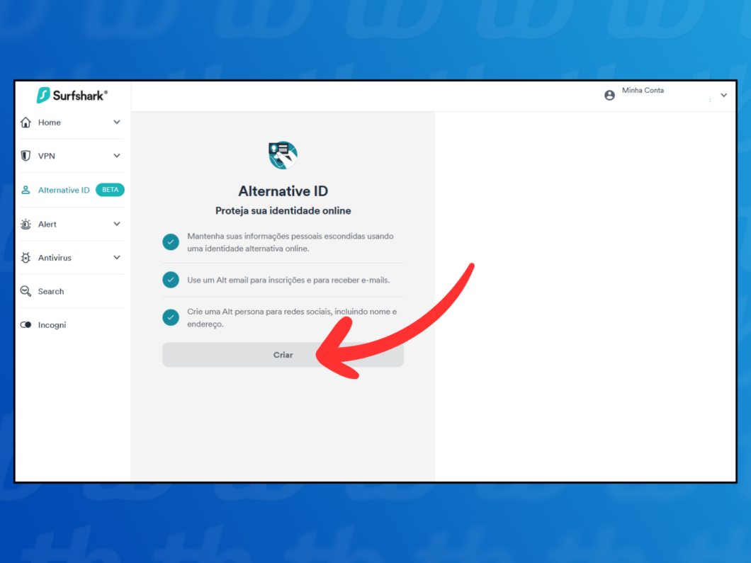 Captura de tela do site Surfshark mostra como iniciar a criação do Alternative ID