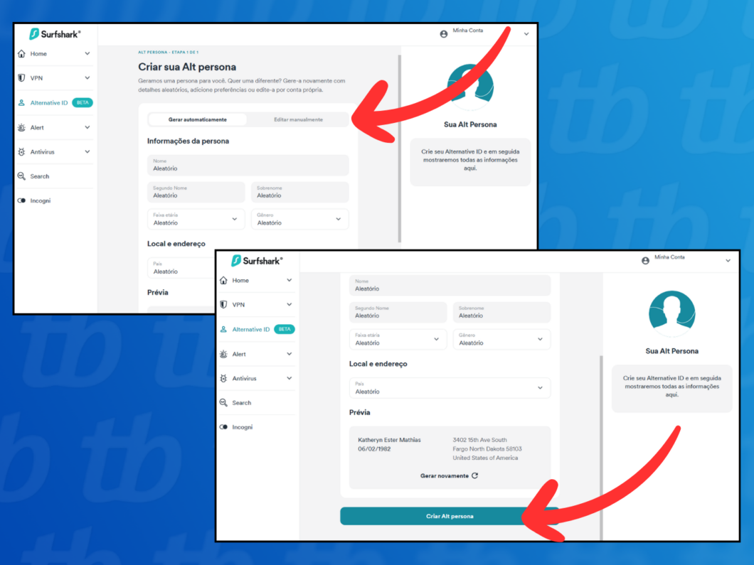 Captura de tela do site Surfshark mostra como criar a Alt persona