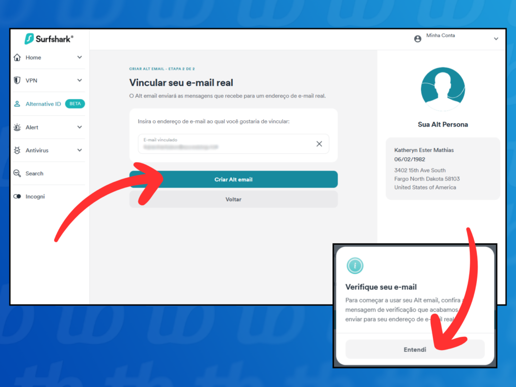 Captura de tela do site Surfshark mostra como vincular o Alt email ao e-mail real