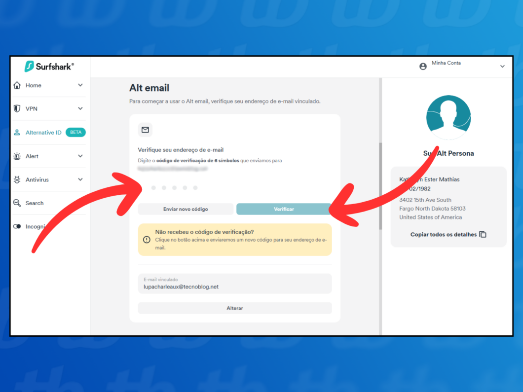 Captura de tela do site Surfshark mostra como confirmar vinculo do Alt email com o e-mail real