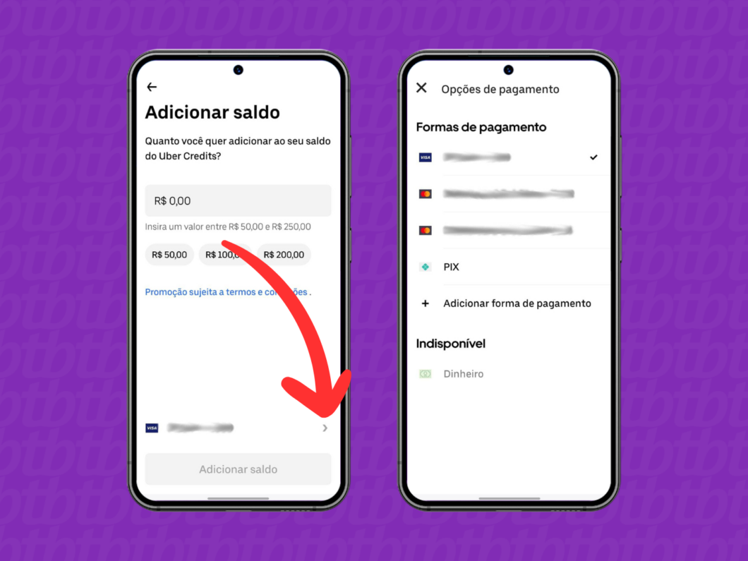 Definindo a forma de pagamento do Uber Cash