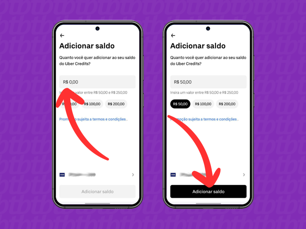 Informando o valor que será adicionado como saldo