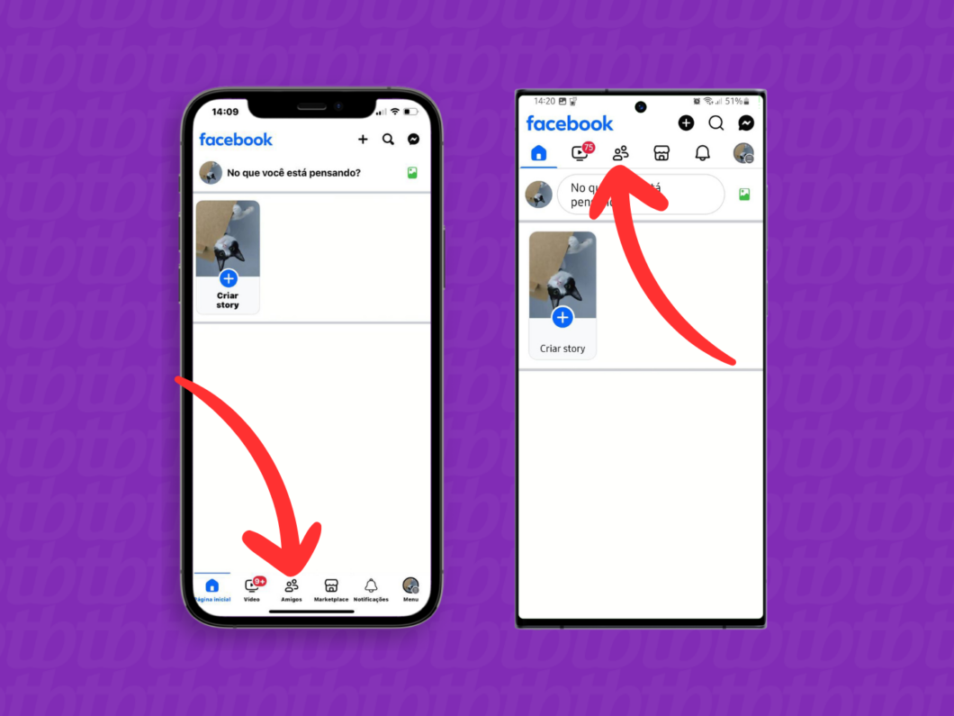 Captura de tela do app Facebook mostra como acessar a guia "Amigos"