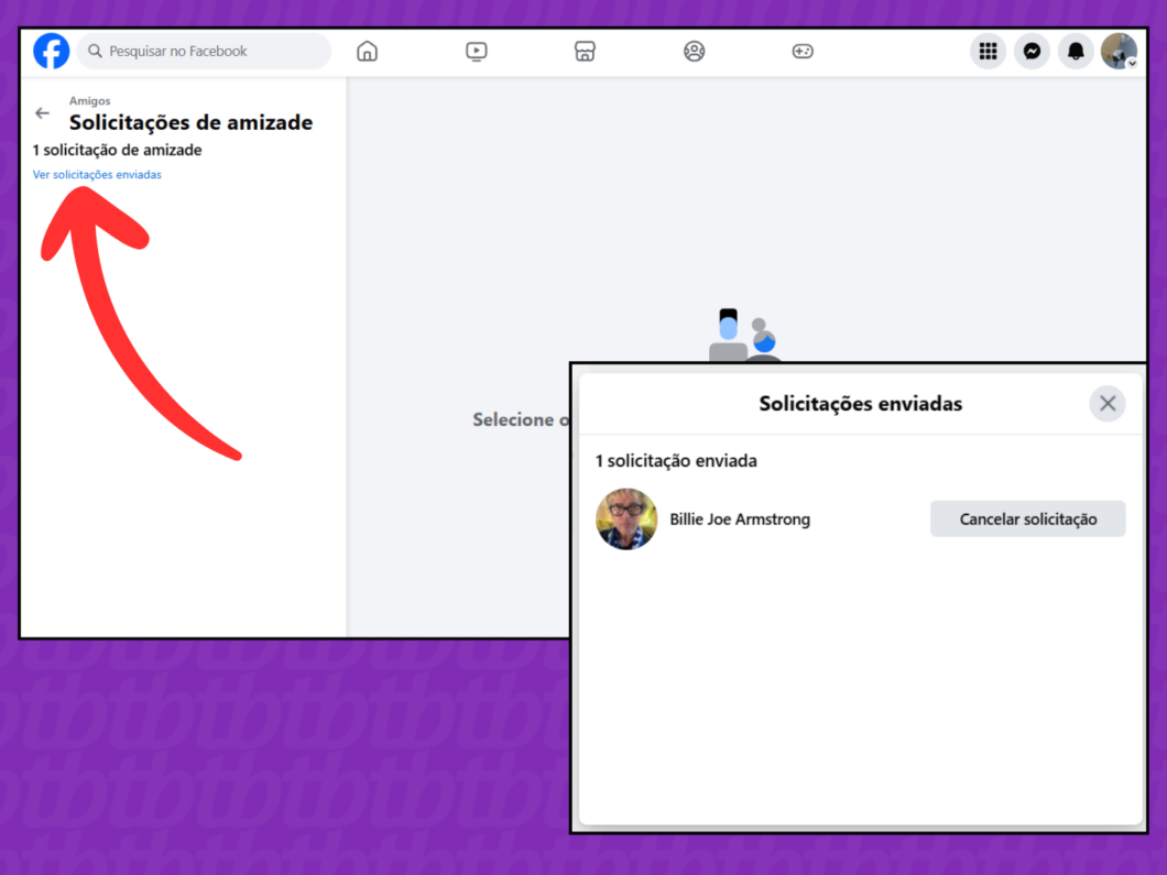 Captura de tela do site Facebook mostra como visualizar as solicitações enviadas