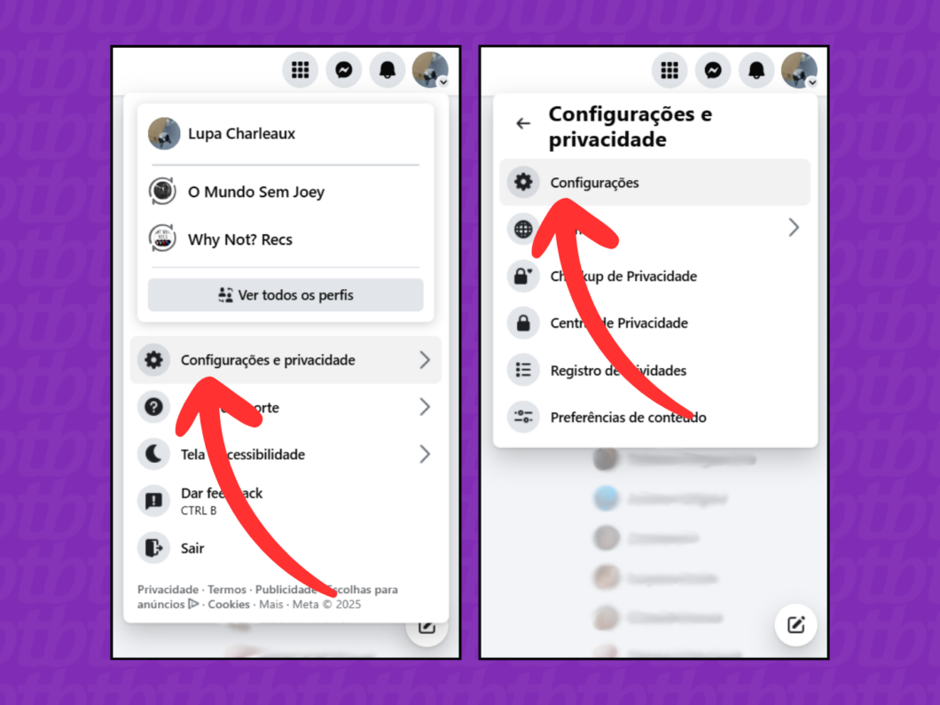 Captura de tela do site Facebook mostra como abrir o menu Configurações
