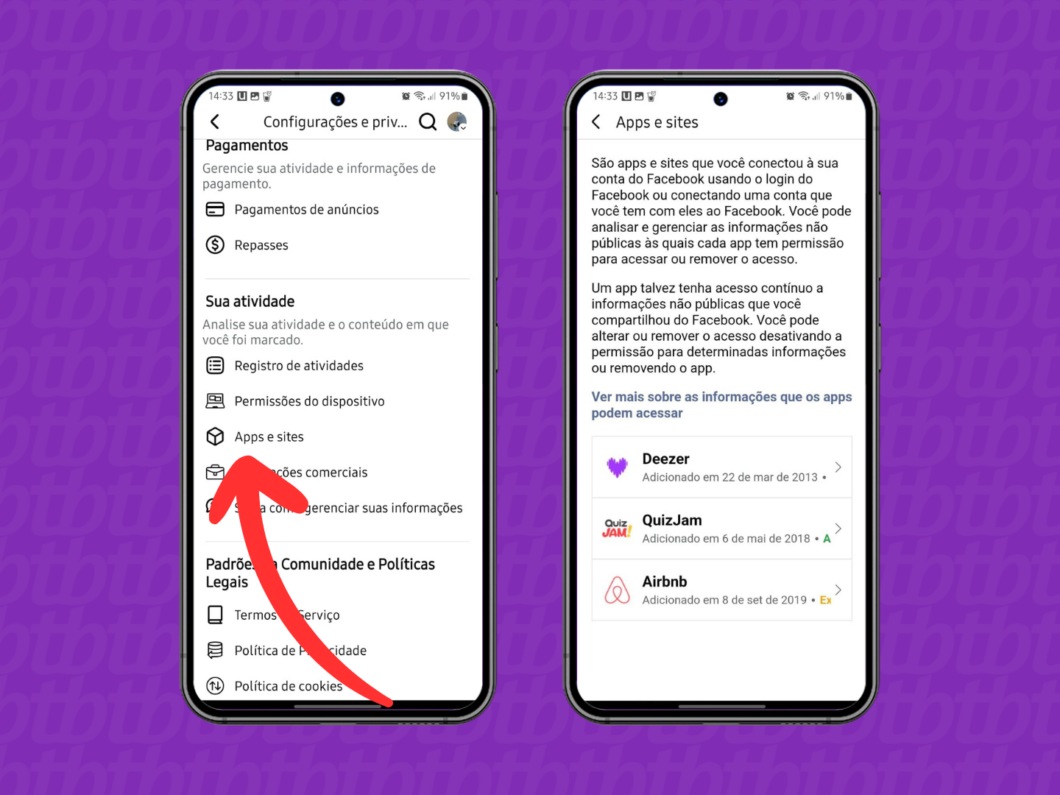 Captura de tela do aplicativo Facebook mostra como abrir o menu "Apps e sites"