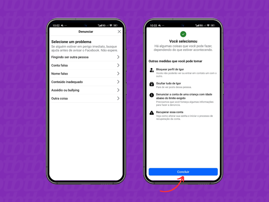 Concluindo a denúncia do perfil do Facebook pelo celular