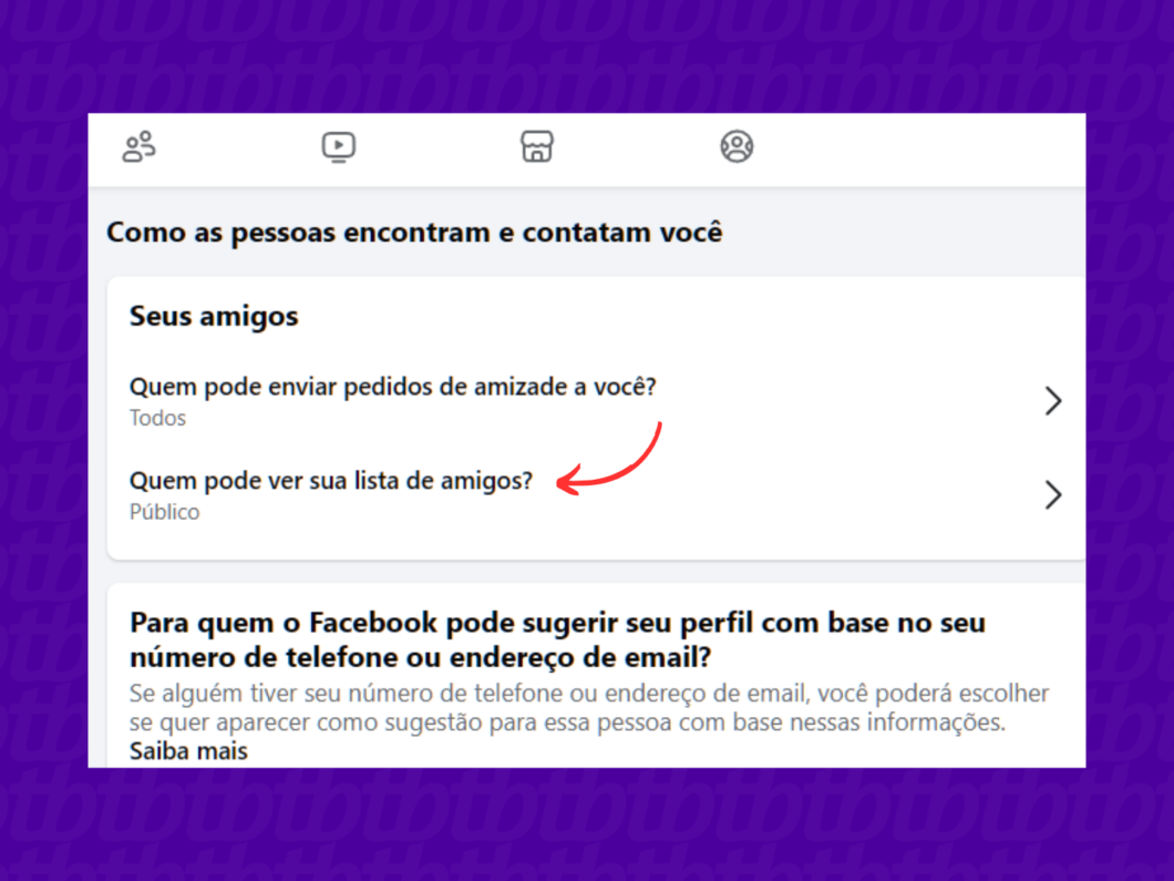 Entrando nos ajustes de visibilidade da lista de amigos do Facebook