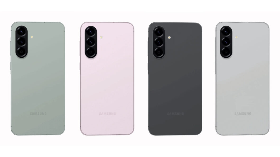 Quatro celulares Galaxy A56 em cores diferente: verde, rosa, preto e cinza, respectivamente 