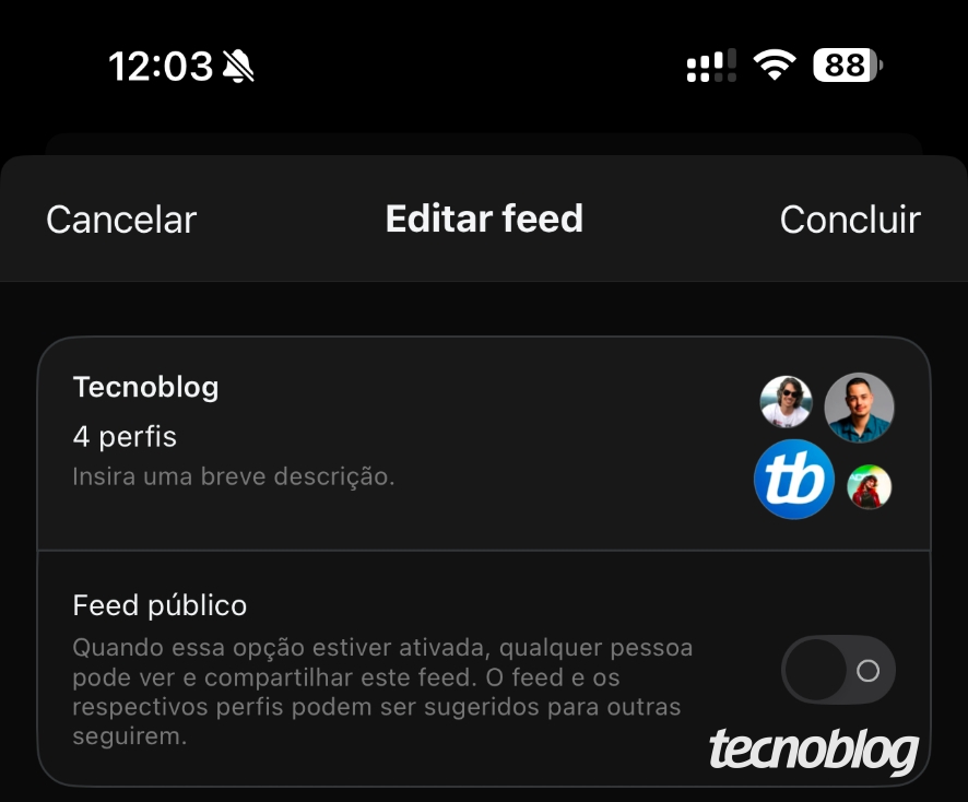 Menu de edição de feed personalizado do Threads 